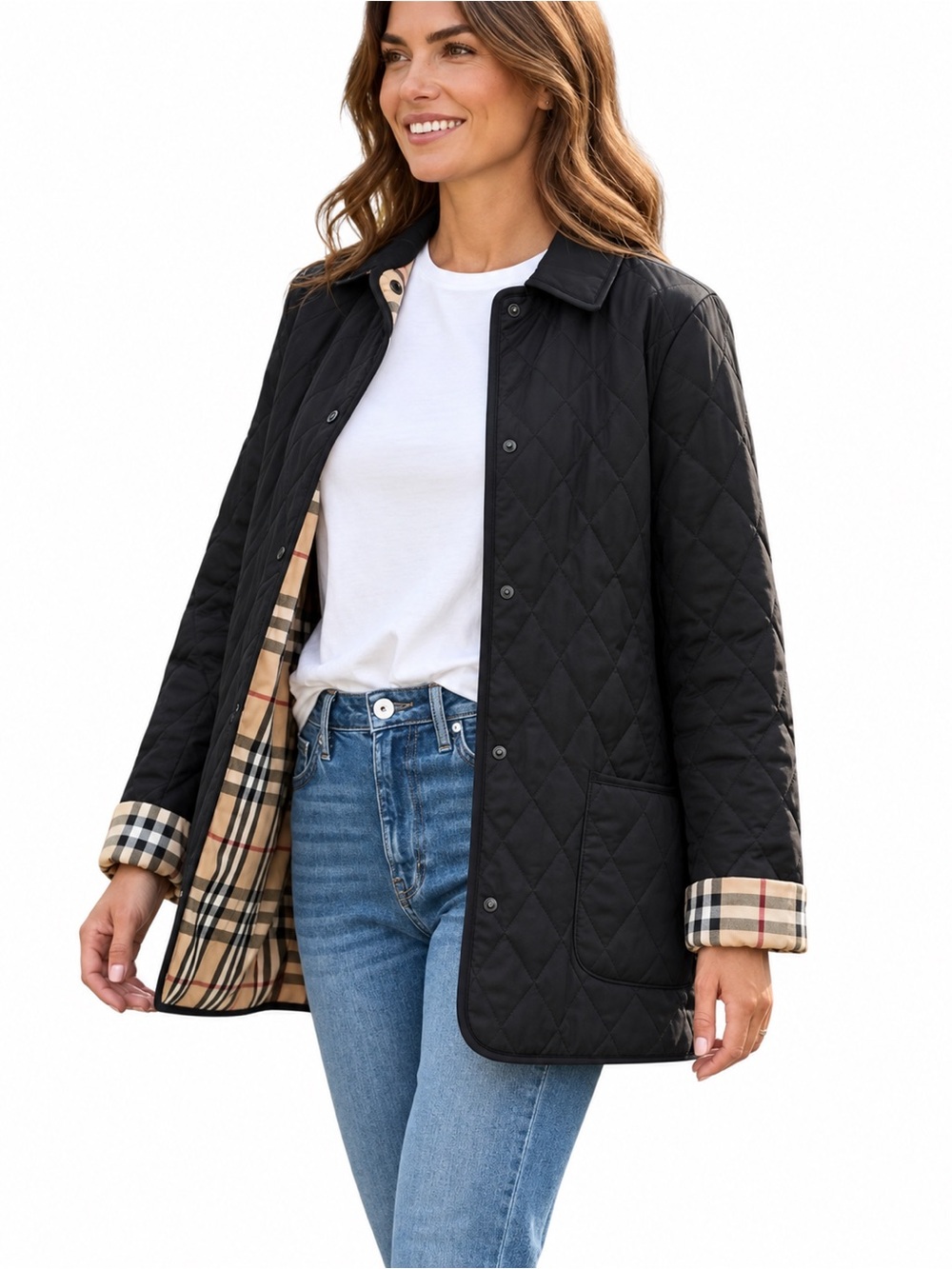 Burberry Quilted Jacket Women's Plaid Check Lining Barn Jacket Coat Black S